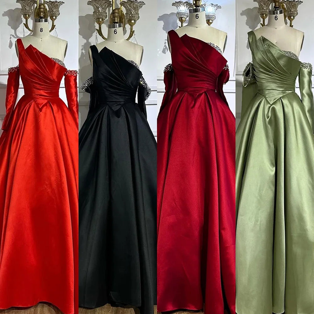 Serene Hill 2025 Elegant Black One-Shoulder A Line Beaded Evening Dresses Gowns with Sleeveless For Party DLA72741 Customized