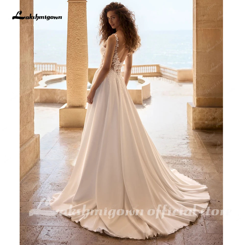 Lakshmigown Beach Wedding Dress Woman Bride Dresses V Neck Sleeveless Lace Applique Side Slit Chiffon A Line Bridal Gown for Lad