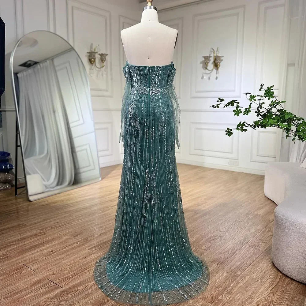 Serene Hill Turquoise Strapless Mermaid Beaded Evening Party Dresses Gowns with Gloves Customized DLA71950