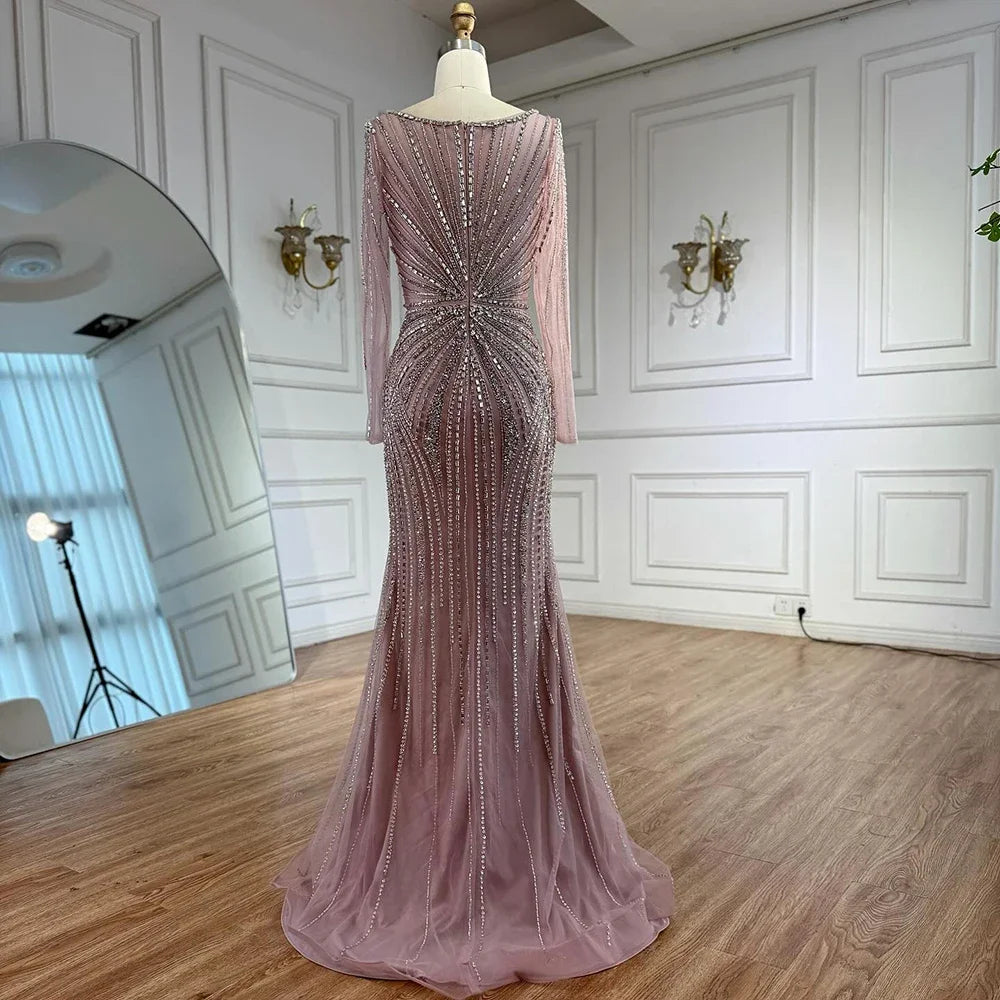 Serene Hill Pink V-neck Long Sleeves Beaded Evening Dress with Detachable Overskirt Party Gown for Women Customized DLA73156