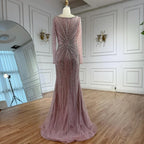Serene Hill Pink V-neck Long Sleeves Beaded Evening Dress with Detachable Overskirt Party Gown for Women Customized DLA73156