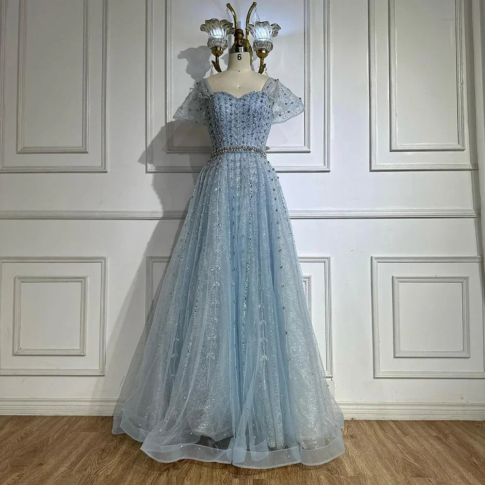 Customized Dubai Nude A-Line Beaded Backless Evening Dresses Gowns for Wedding Party | Nightbubo