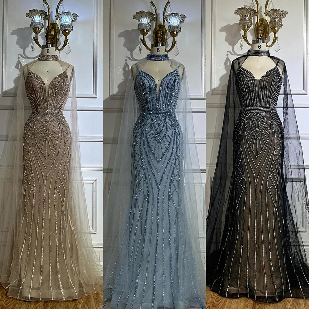 Serene Hill 2025 Customized Dubai Caramel Mermaid Arabic Evening Dresses with Beaded Cape Sleeves for Party DLA72852