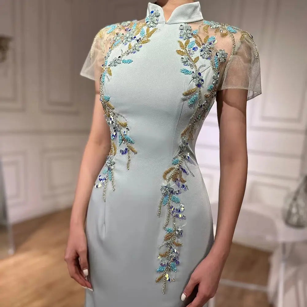 Serene Hill Customized 2025 Saudi Mint Mermaid Beaded Satin Evening Dress Gown with   for Formal Occasion DLA72797
