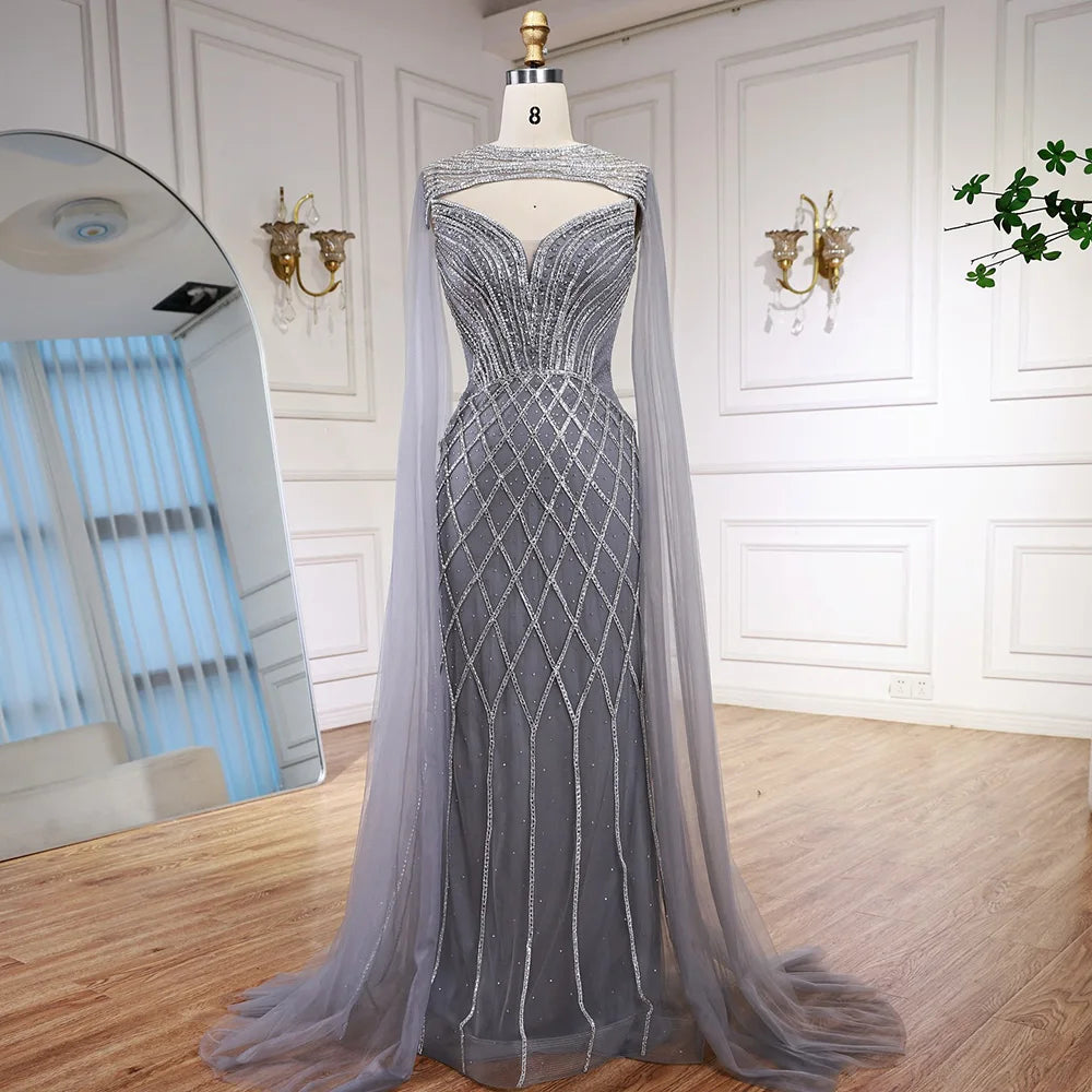 Abito da sera sirena con perline e mantella color nude lussuoso LA72814