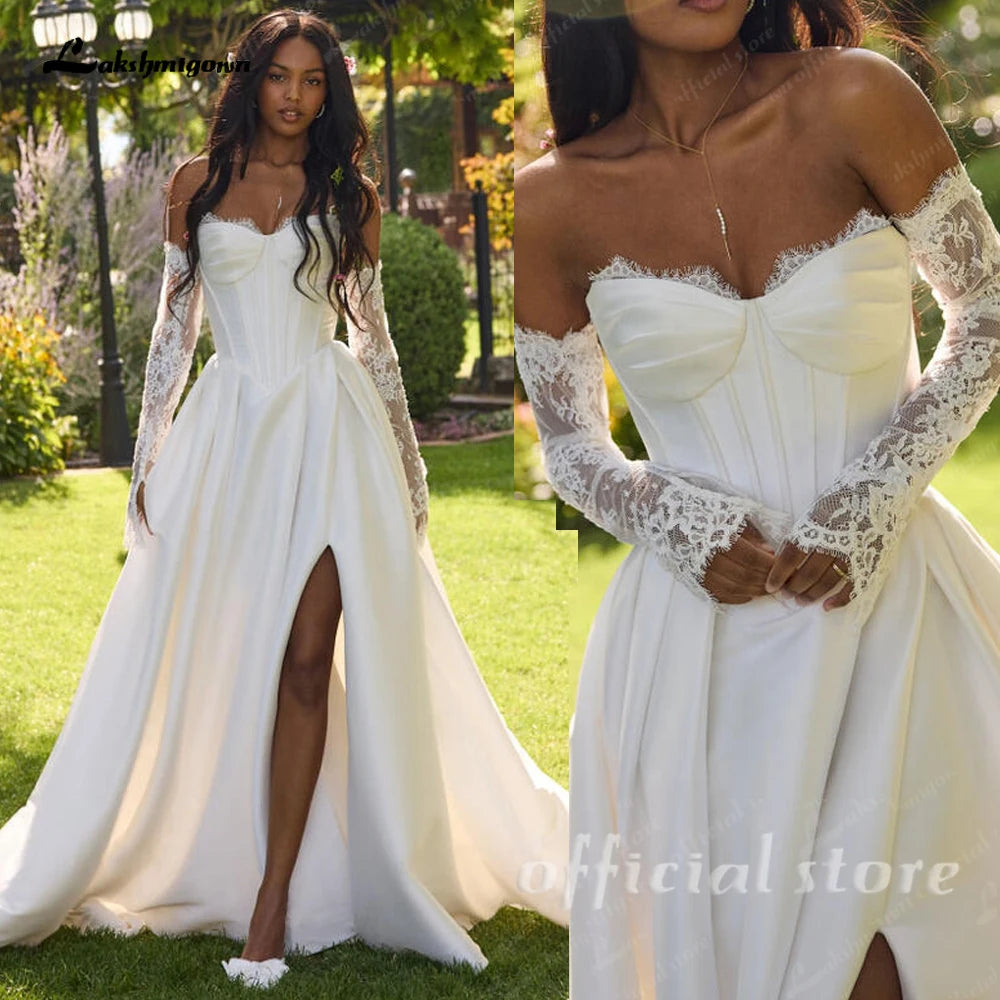 Lakshmigown A Line Satin Wedding Dress 2026 New Off the Shoulder Lace Long Sleeves Wedding Gown Corset Bridal Dress Customized
