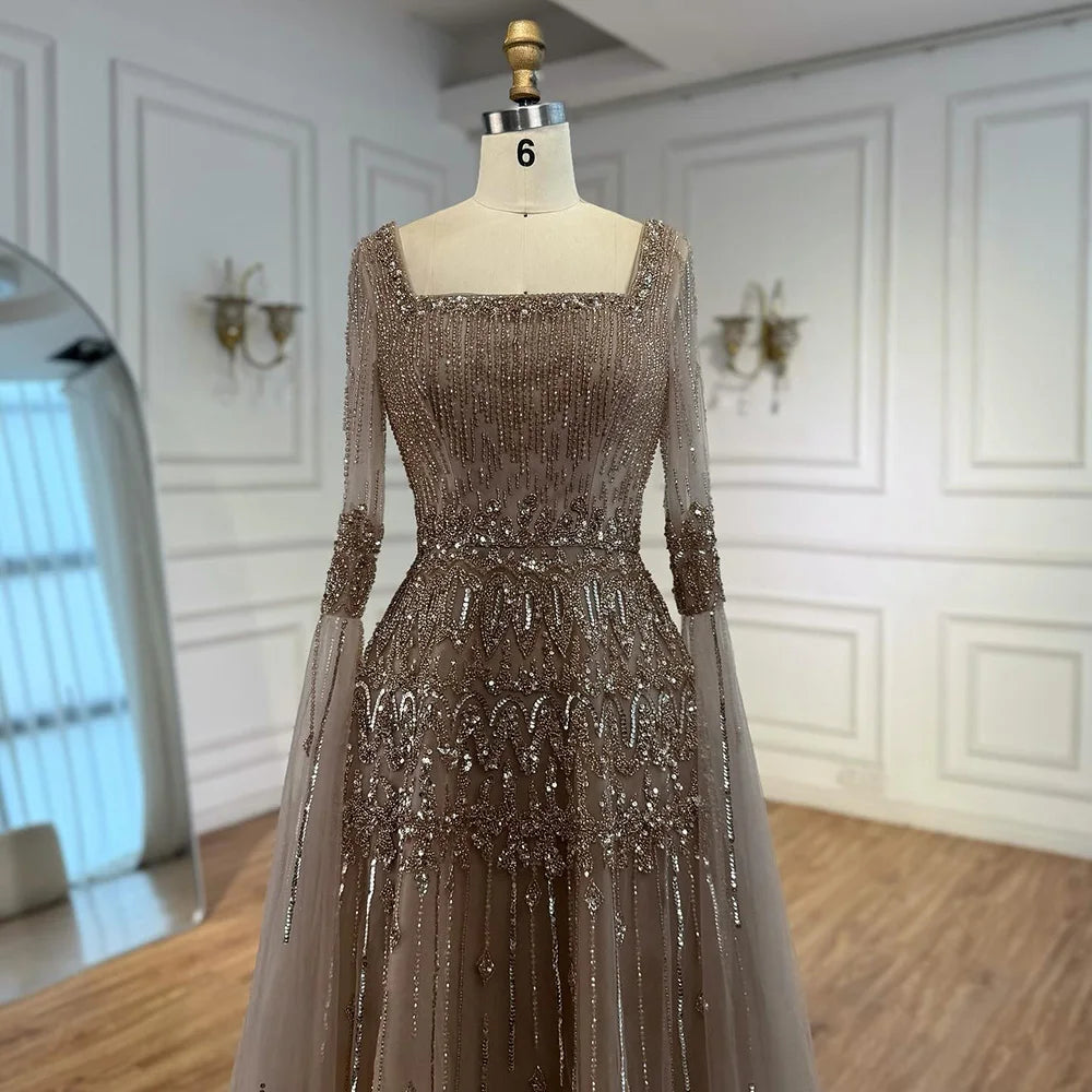Serene Hill 2026 Customized Caramel Beaded A-Line Evening Dress with Cape Sleeves Formal Party Gowns for Women DLA73089