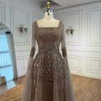 Serene Hill 2026 Customized Caramel Beaded A-Line Evening Dress with Cape Sleeves Formal Party Gowns for Women DLA73089
