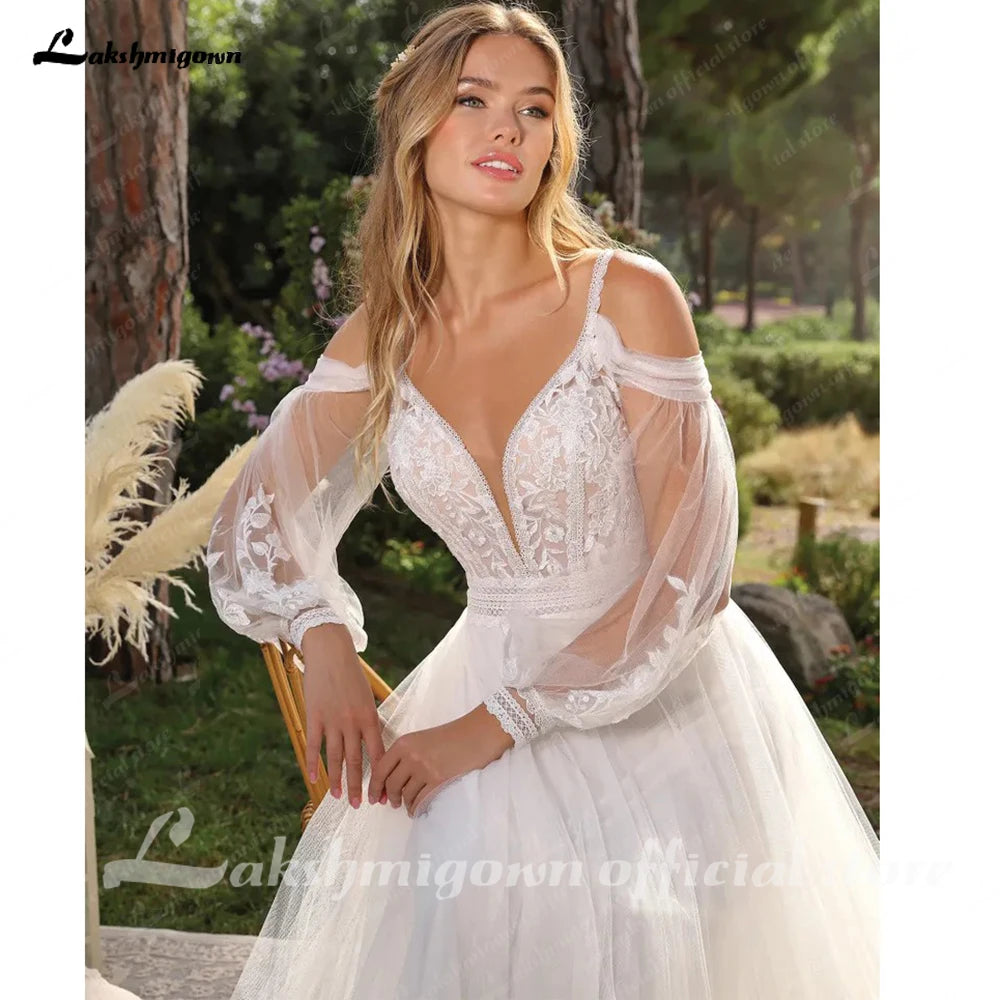 Lakshmigown Bohemian Wedding Dresses A Line Tulle Lace Appliques V Neck Long Puff Sleeves Backless Vestidos De Novia Customized