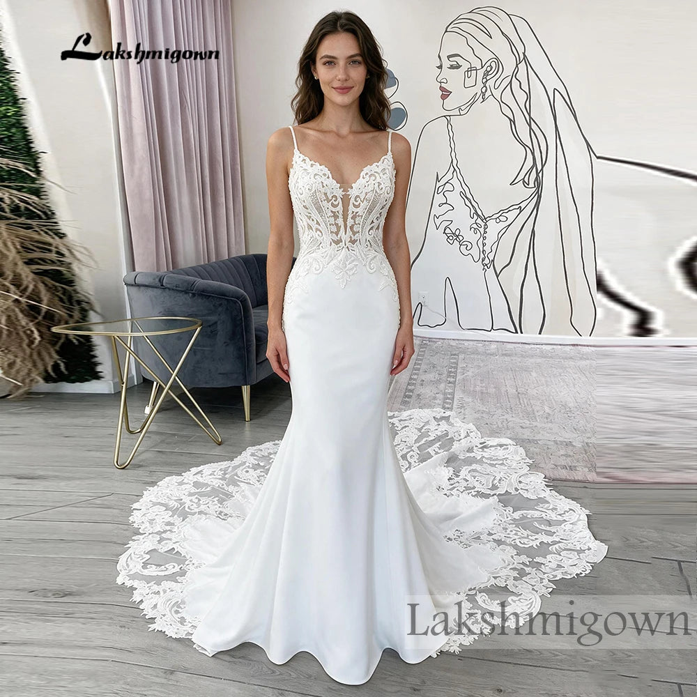 Lakshmigown Spaghett Straps Mermaid Wedding Dresses with Beads Lace Appliques Court Train Vestidos De Novia V-Neck Customized