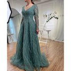 Serene Hill Lilac V-neck A-line Long Sleeves Luxury Beaded Evening Dresses Party Gowns for Women Customized DLA71793
