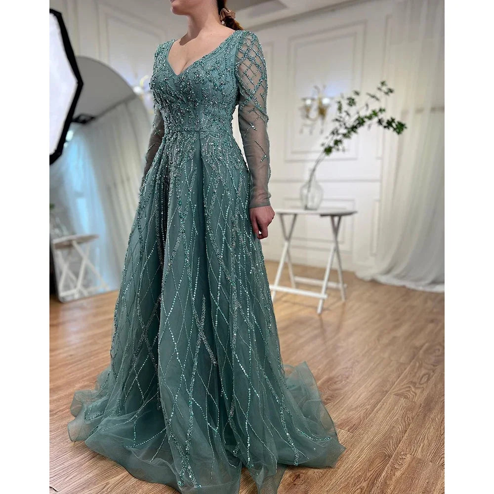 Serene Hill Lilac V-neck A-line Long Sleeves Luxury Beaded Evening Dresses Party Gowns for Women Customized DLA71793