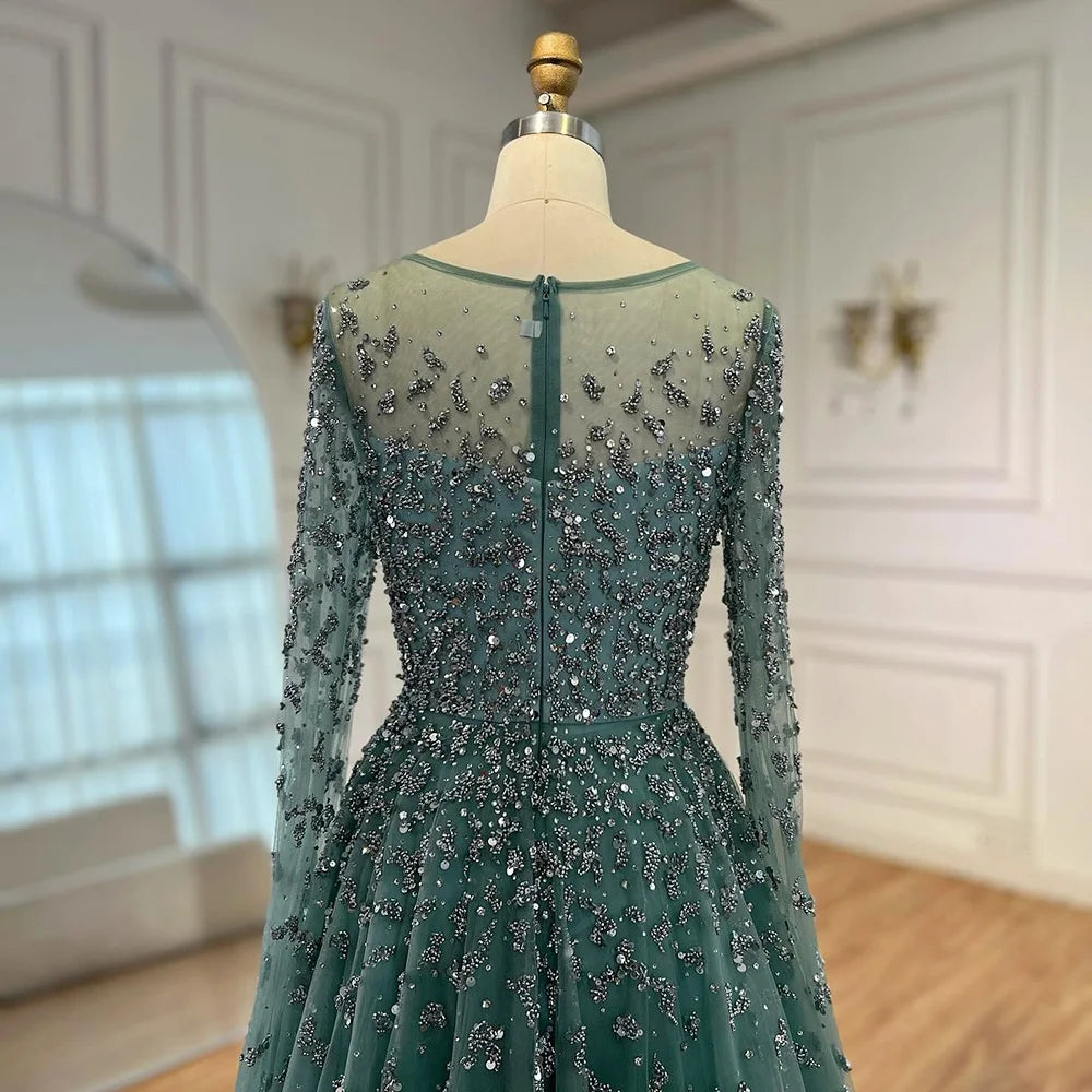 Serene Hill Turquoise A-line Beaded Evening Dress with Cape Sleeves Elegant Party Gowns for Women Customized DLA72965