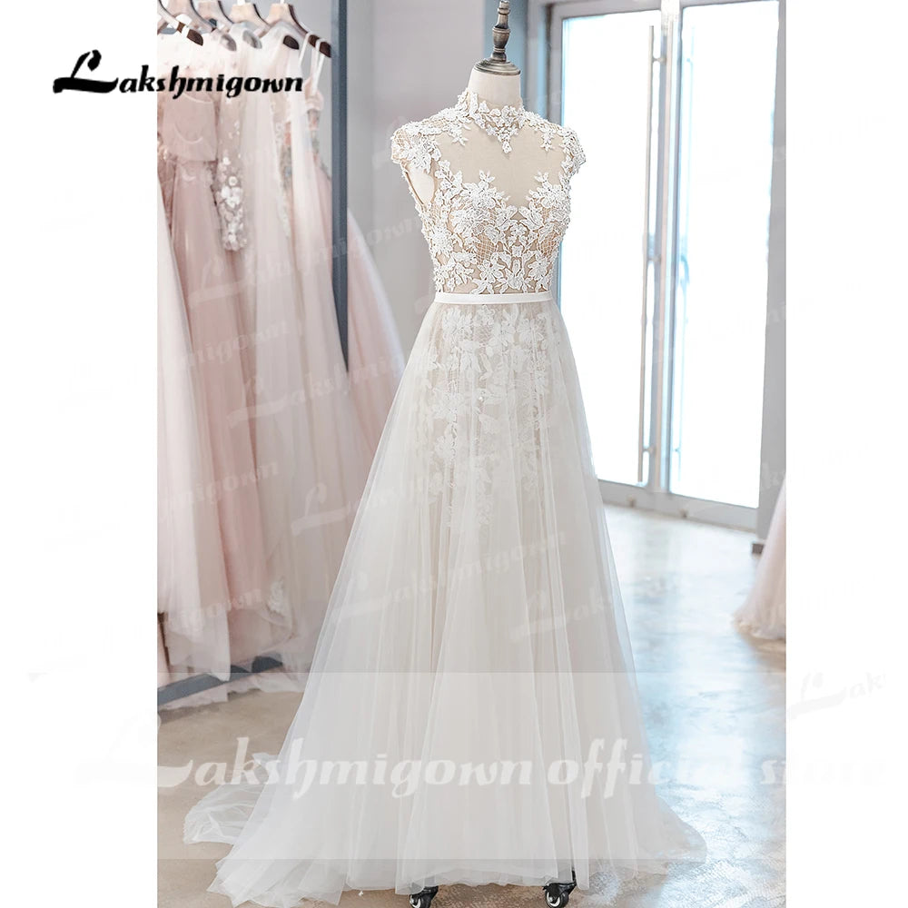 Lakshmigown Bohemian Wedding Dress Vintage Lace Beaded High Neck Tulle Bridal Sexy Wedding Gowns Vestidos Noivas