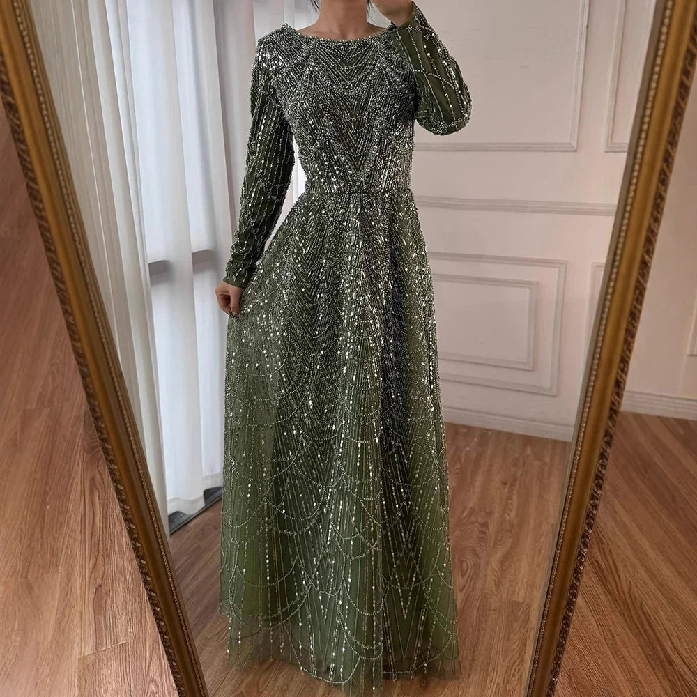 Serene Hill Wine Red Long Sleeves Muslim A-line Evening Dress Pearls Beaded Party Gowns for Women Plus Size Customized DLA72738B