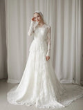 Lqq Customized Luxury Long Sleeve Wedding Dress Lace Appliques A-line Chapel Train Brides Dress for Wedding