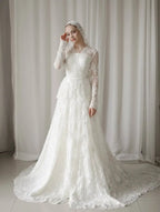 Lqq Customized Luxury Long Sleeve Wedding Dress Lace Appliques A-line Chapel Train Brides Dress for Wedding