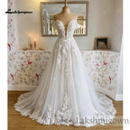 Lakshmigown Boho Off Shoulder Wedding Dress Deep V Neck Illusion Bodice A‑Line Tulle Bridal Gown 3D Leaf Lace Appliqu Customized