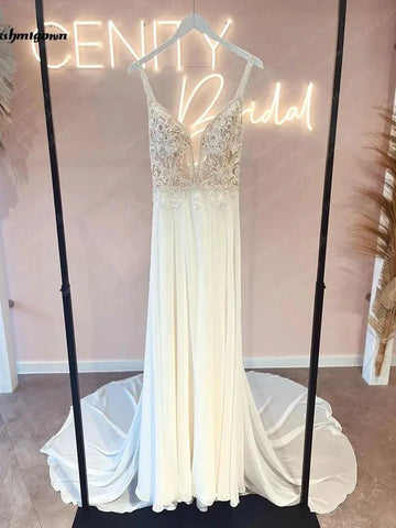 NumberSea Off White Luxuriöses Braut-Böhmisches Hochzeitskleid Spitze Perlen Sommer 2025 Sukienka A-Linie Chiffon Strand Brautkleider 