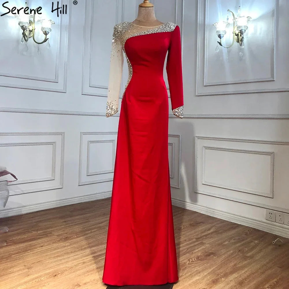 Customized White Satin Long Sleeve Mermaid Simple Beaded Evening Dress Party Gowns For Women Bridal Shower | Nightbubo