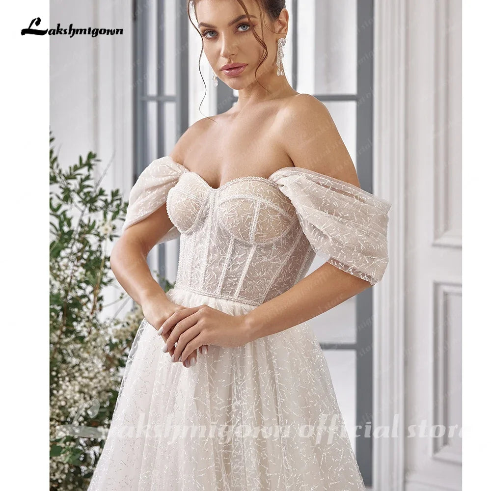 Lakshmigown Luxury Boat Neck Bohemian Wedding Dress Off-the-shoulder Draped Open Back Floor Length Wedding Gowns Customized