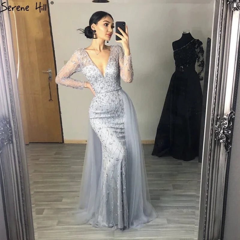 Serene Hill Lilac V-Neck Long Sleeves Mermaid Beaded Evening Dress Detachable Overskirt Party Gown for Women DLA70341