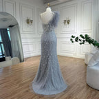 Serene Hill Gray Mermaid One Shoulder High Split Beaded Feather Evening Dress Party Gowns for Women DLA72347 Customized