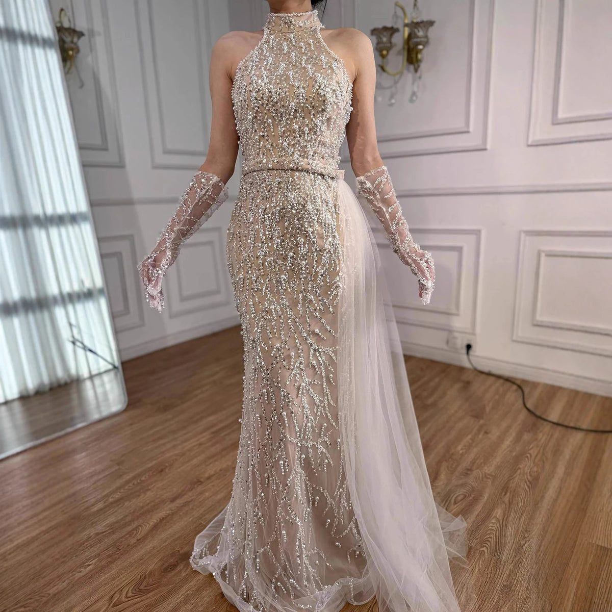 Serene Hill White Nude Pearls Halter Mermaid Evening Gowns with Gloves Formal Party Dresses for Women 2026 Customized DLA72345F
