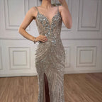 Robe de soirée sirène luxueuse en perles couleur nude avec fente haute LA73340