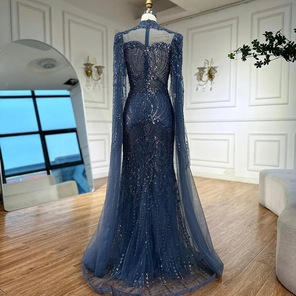 Abito da sera modesto lussuoso blu sirena con mantella LA73006