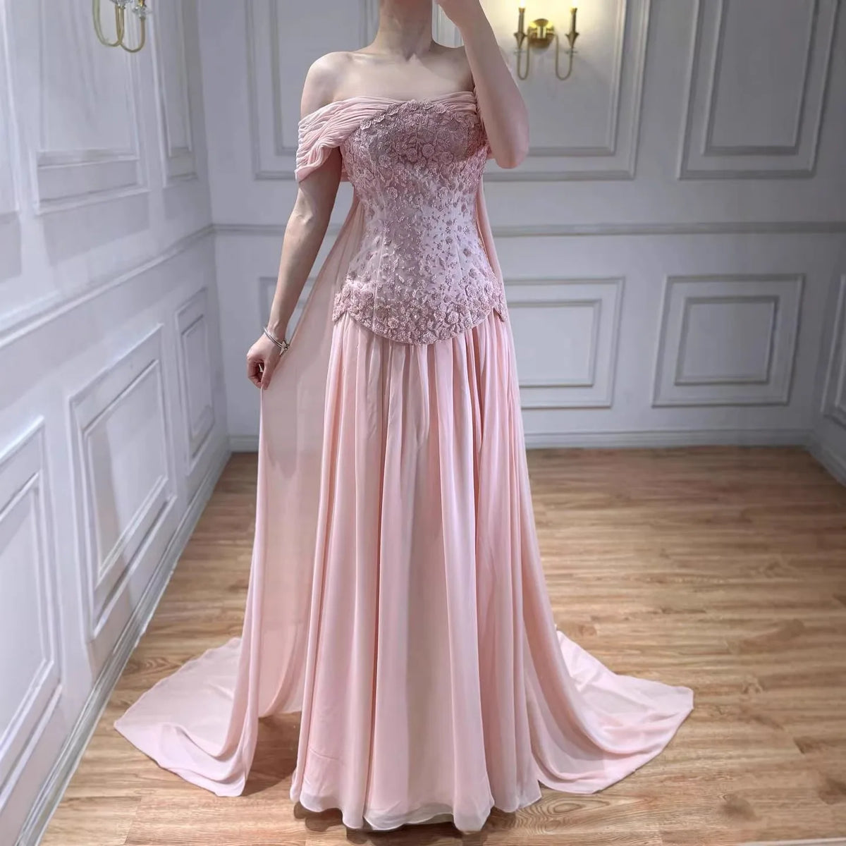 Serene Hill Pink Chiffon Evening Dress 2026 Elegant Off-Shoulder Formal Party Gowns with Cape at the Back Customized DLA73438