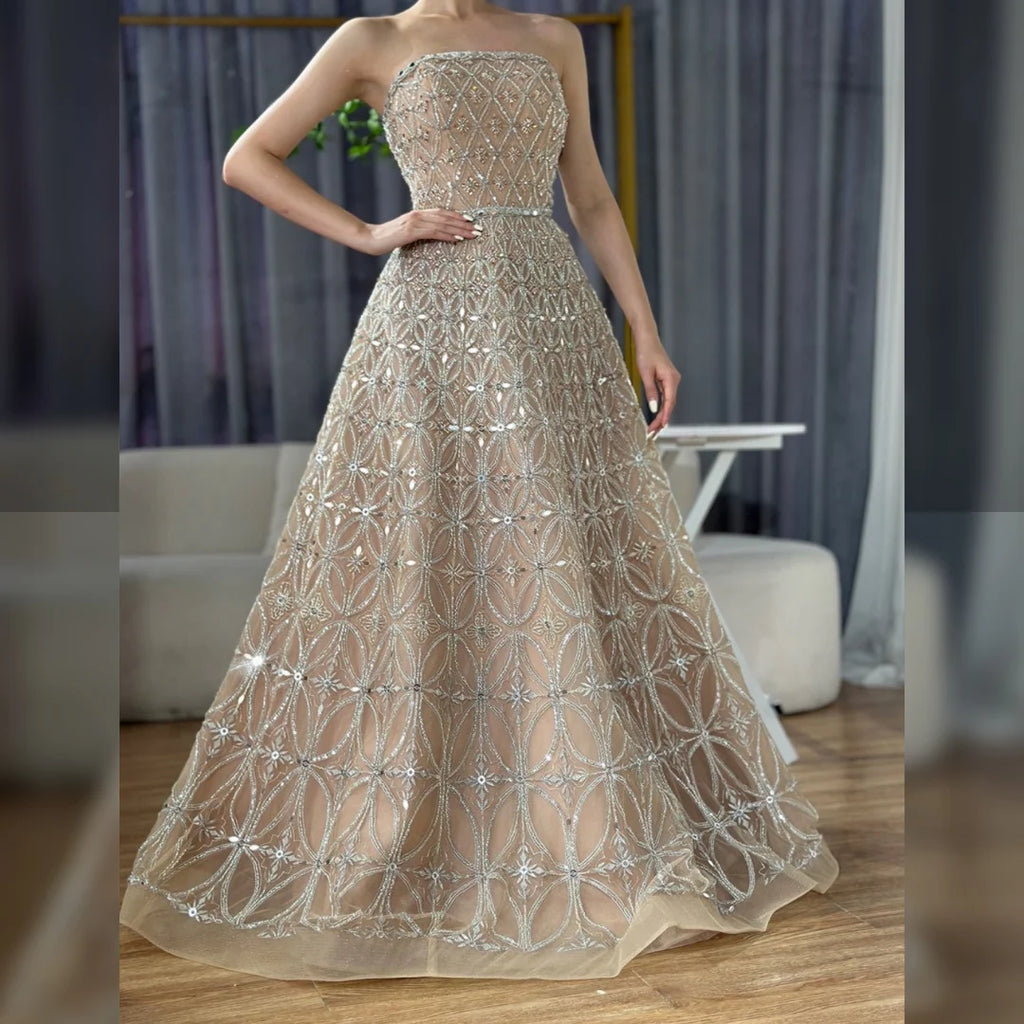 Serene Hill Customized 2026 Caramel Strapless A Line Beaded Evening Prom Dresses Elegant Party Gowns for Women DLA72755