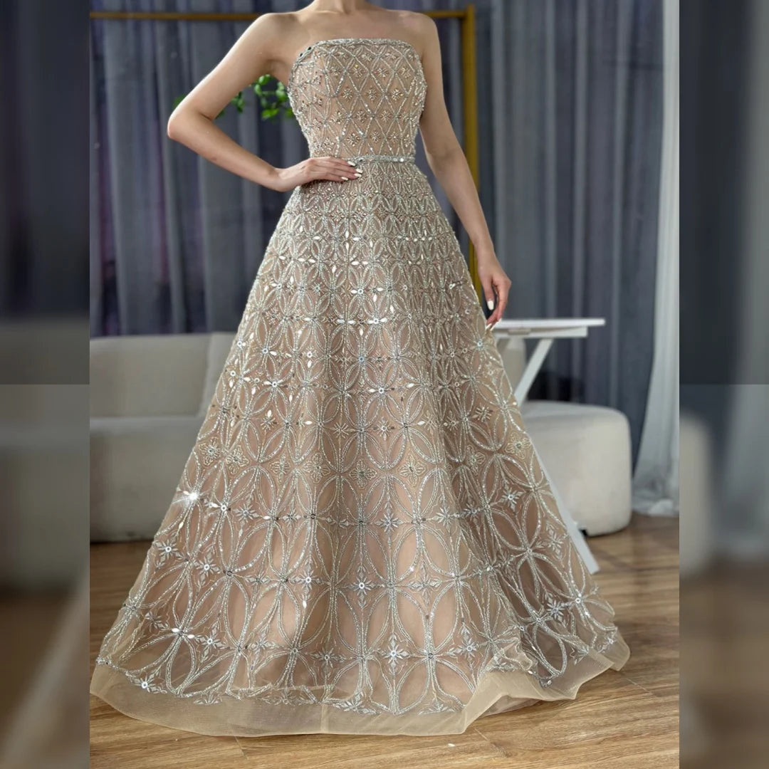 Serene Hill Customized 2026 Caramel Strapless A Line Beaded Evening Prom Dresses Elegant Party Gowns for Women DLA72755