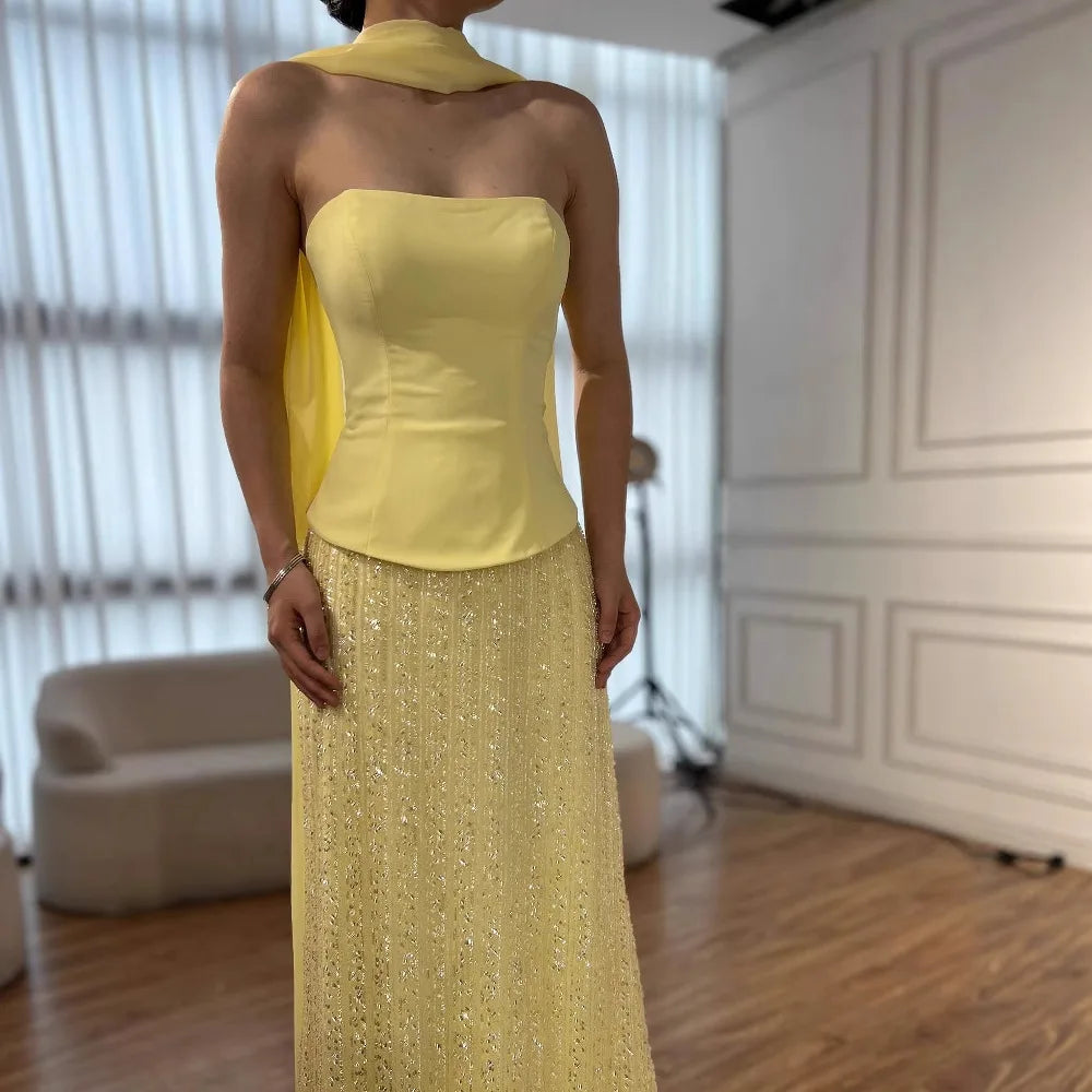 Vestido de Noite de Sereia em Chiffão Amarelo de Luxo com Capa LA73007