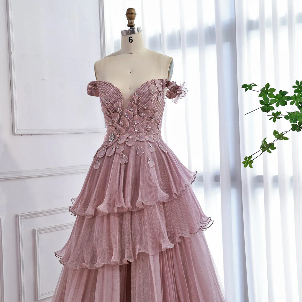 Abito da sera a linea A con balze sognanti, perline e colore rosa lusso LA73385