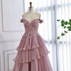 Abito da sera a linea A con balze sognanti, perline e colore rosa lusso LA73385