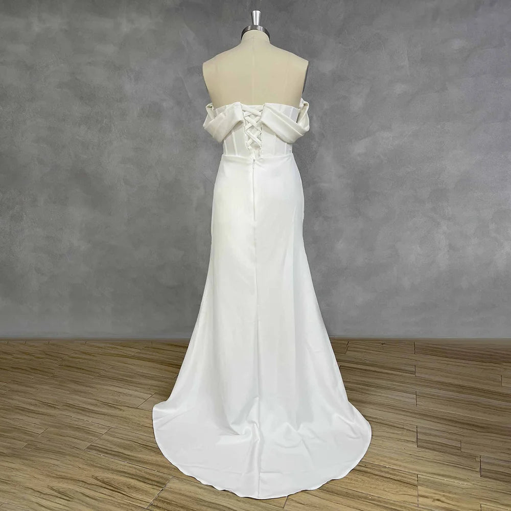 Off Shoulder Satin Mermaid Wedding Dress Corset Side Cut High Slit Chapel Bridal Gown Custom Made Vestido De Novia Robe De Novia