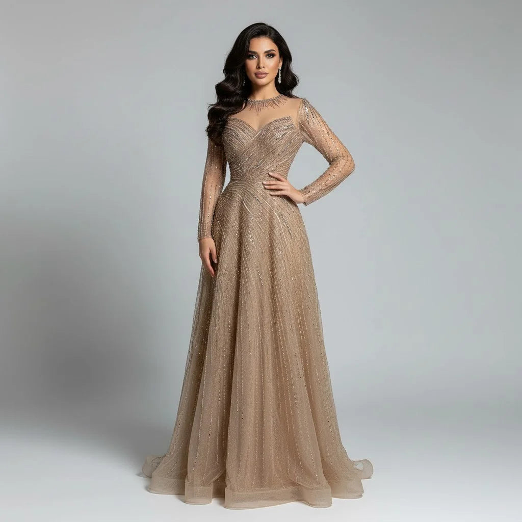 Serene Hill Custoomized Caramel Evening Prom Dress 2026 Elegant Long Sleeves A-Line Arabic Muslim Formal Party Gown DLA72563A
