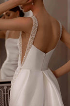 Lakshmigown Customized Elegant Satin Square Collar 2 In 1 Mermaid Wedding Dresses Beading Pearls Lace Sleeveless Bridal Gown