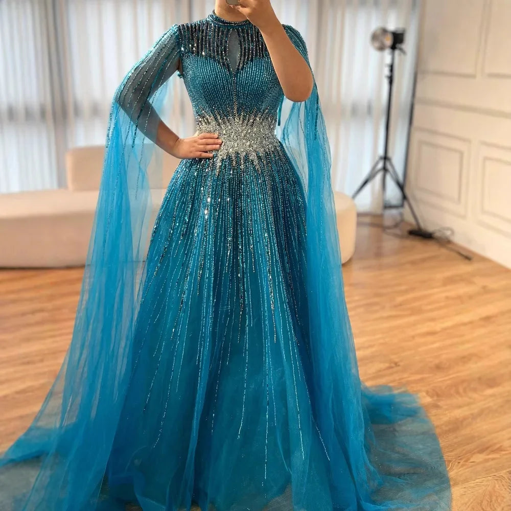 Elegant Modest Blue Beaded Evening Dress with Cape Sleeves Dubai Gown Serene Hill 2025 Customized DLA73059