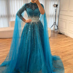 Elegant Modest Blue Beaded Evening Dress with Cape Sleeves Dubai Gown Serene Hill 2025 Customized DLA73059