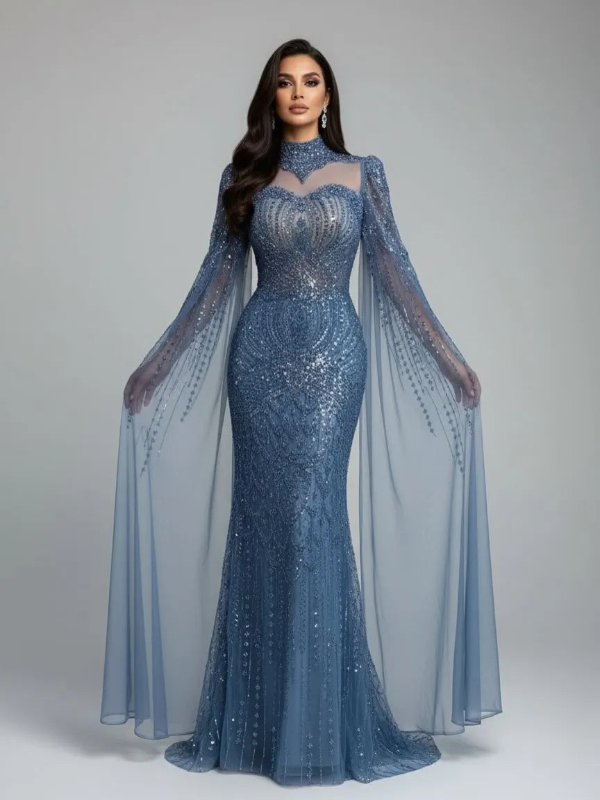 Abito da sera modesto lussuoso blu sirena con mantella LA73006