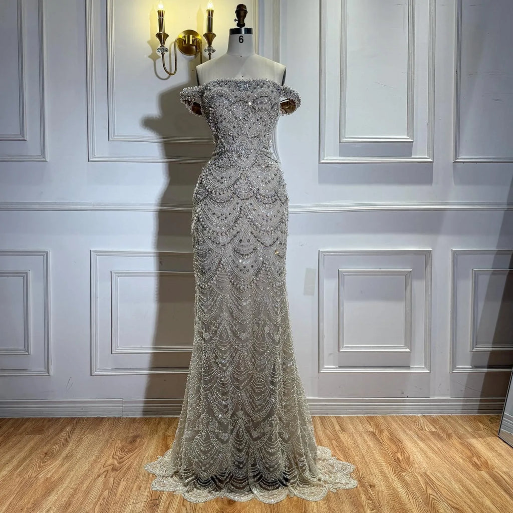 Serene Hill Pearl Beaded Off Shoulder Mermaid Evening Gown High-end Formal Occasion Party Dress Kosov Customized DLA73395A