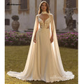 Lakshmigown Bohemian Wedding Dress A Line with Detachable Cape Boho Lace V Neck Crepe Open Back Bridal Dresses Woman Customized