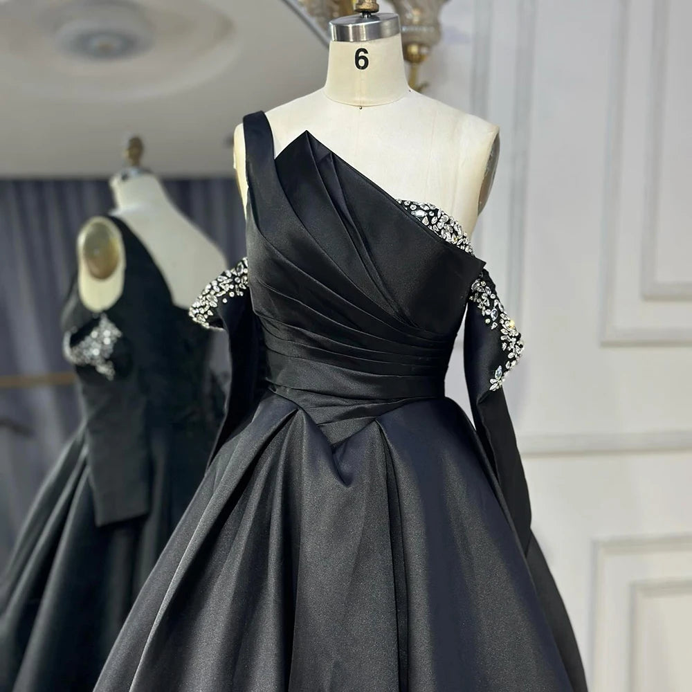 Serene Hill 2025 Elegant Black One-Shoulder A Line Beaded Evening Dresses Gowns with Sleeveless For Party DLA72741 Customized