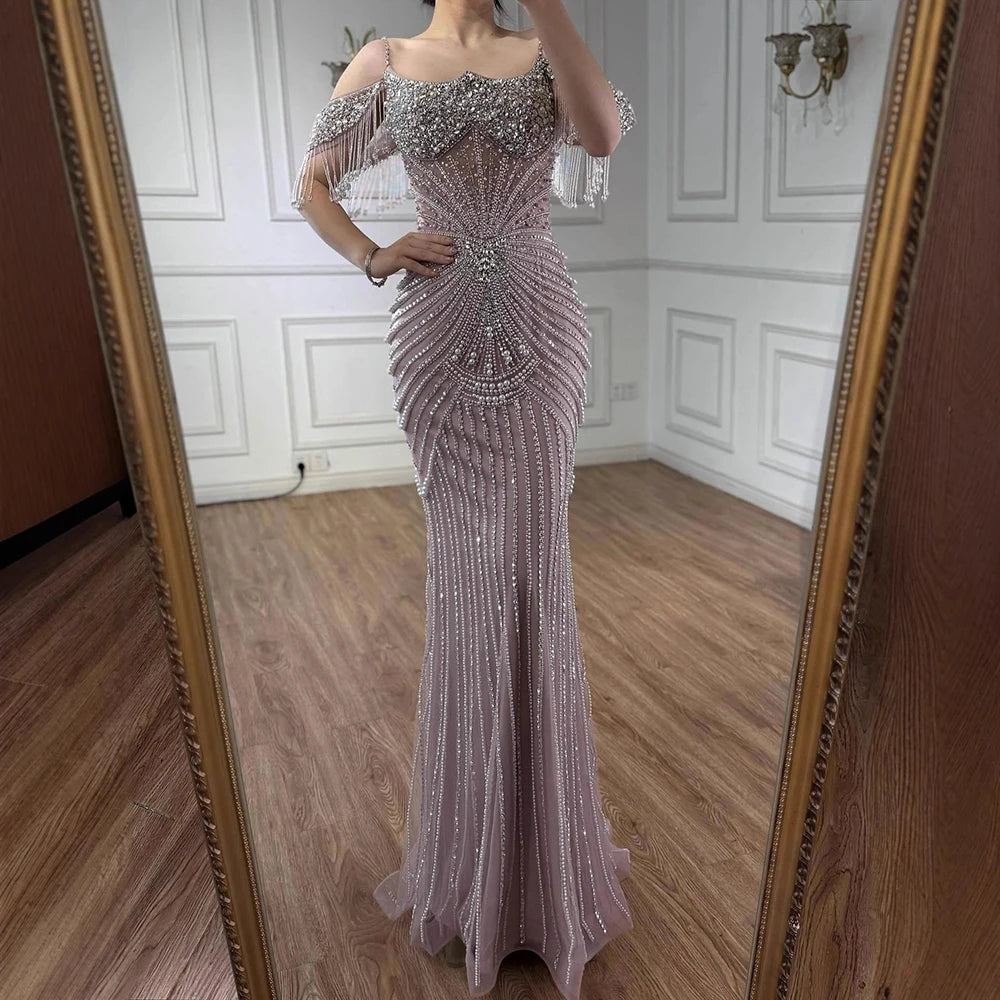 Serene Hill 2025 Customized Pink Off Shoulder Mermaid Evening Dress Luxury Beaded Party Gowns for Women DLA73148