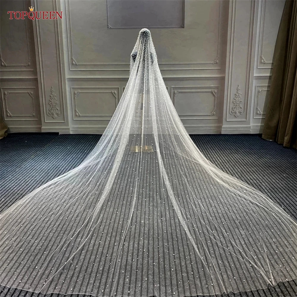 TOPQUEEN V139A Luxurious Wedding Veil with Pearls 5 Meter Long Bridal Veils Delicate Beaded Cathedral Length Veil Customizable