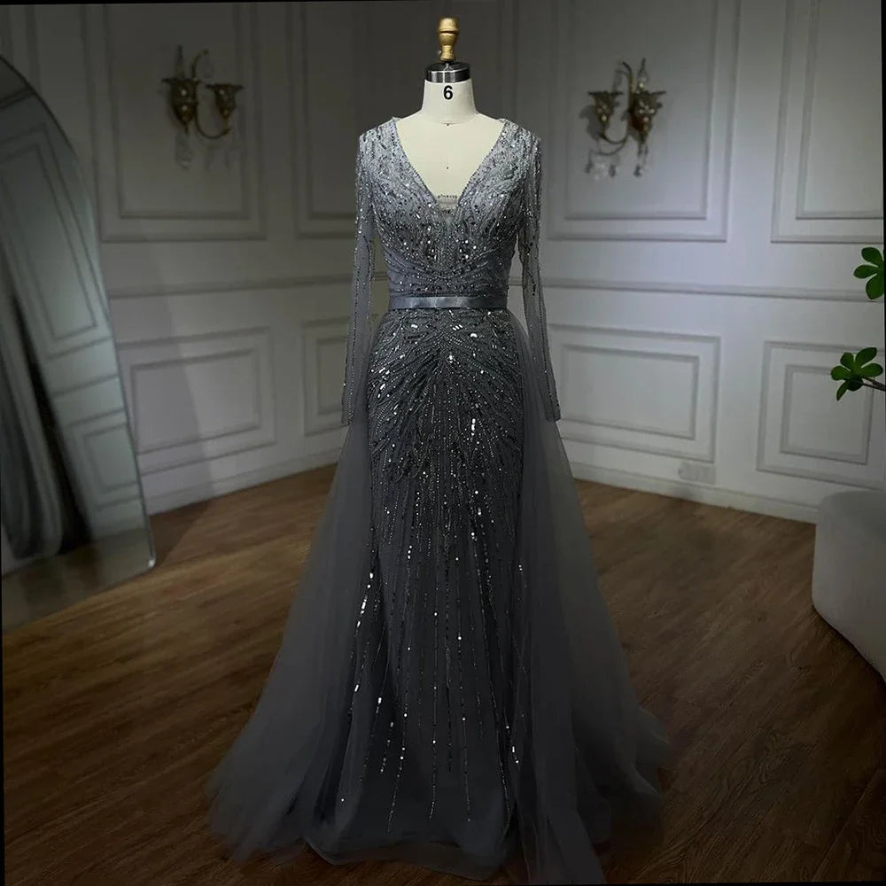 Serene Hill Customized Turquoise Long Sleeves Mermaid Beaded Evening Dresses Overskirt Party Gowns For Women DLA72239A