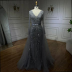 Serene Hill Customized Turquoise Long Sleeves Mermaid Beaded Evening Dresses Overskirt Party Gowns For Women DLA72239A