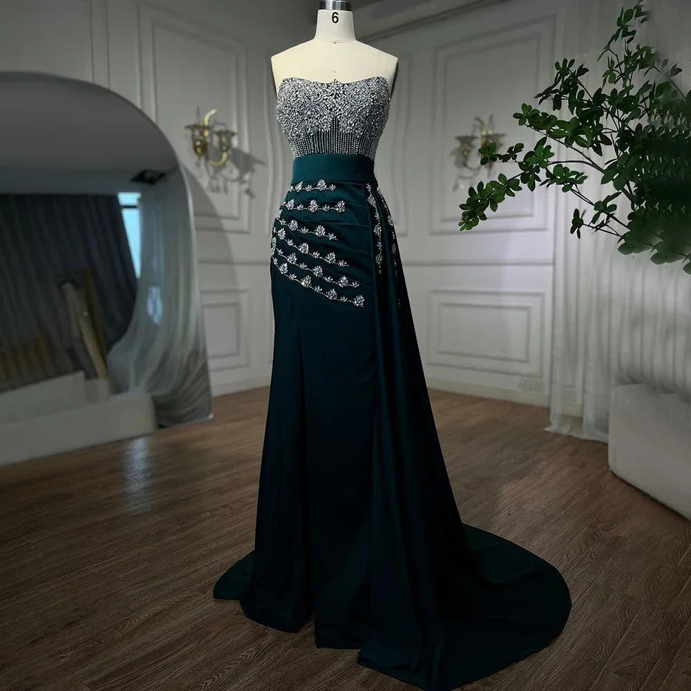 Serene Hill Customized Nude Strapless Mermaid High Split Evening Dresses with Skirt Beaded Party Gowns For Women 2025 DLA72135